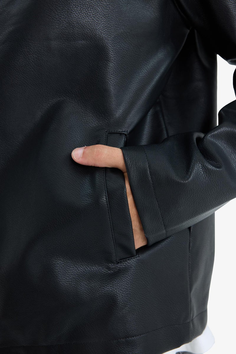 DeFacto Black Man Waterproof Slim Fit Stand Collar Zippered Faux Leather Jacket Casual - Image 5